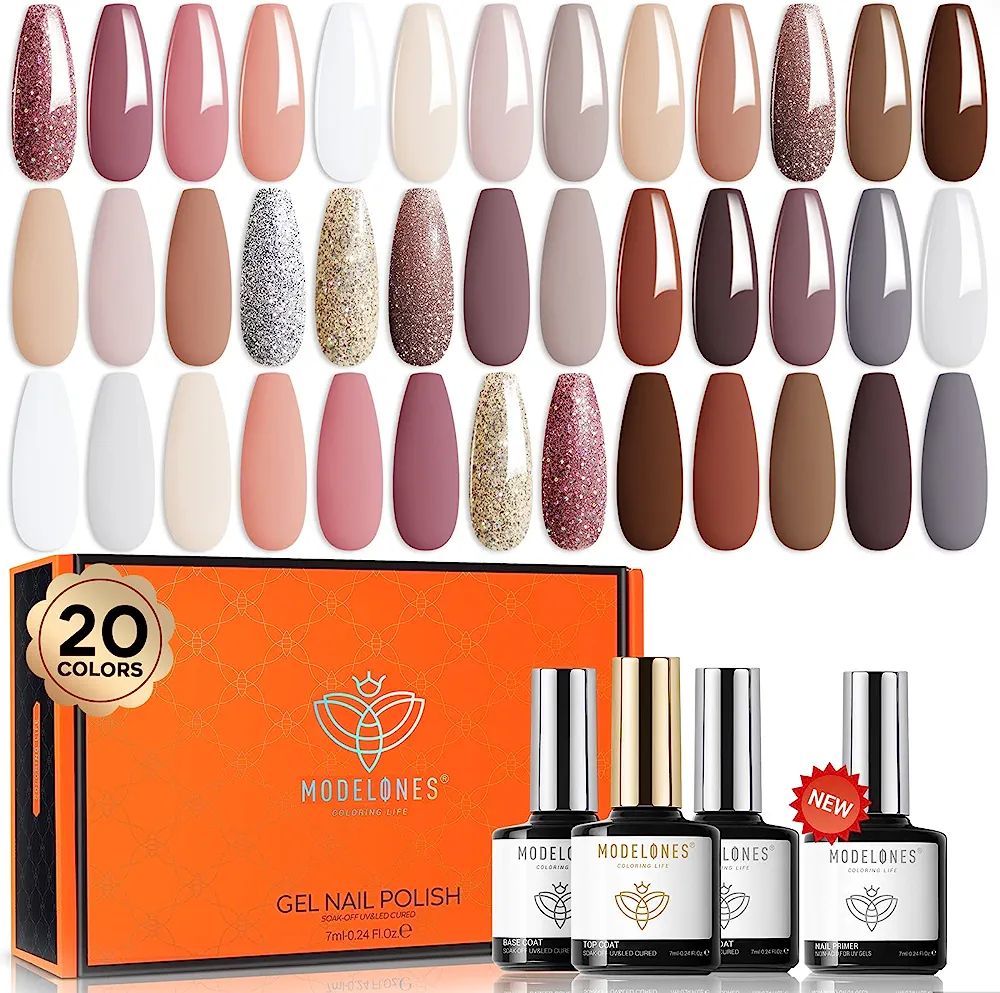 modelones 24 Pcs Gel Nail Polish Kit, 20 Colors Nude Pink Milky White Nail Polish Neutral Brown G... | Amazon (US)