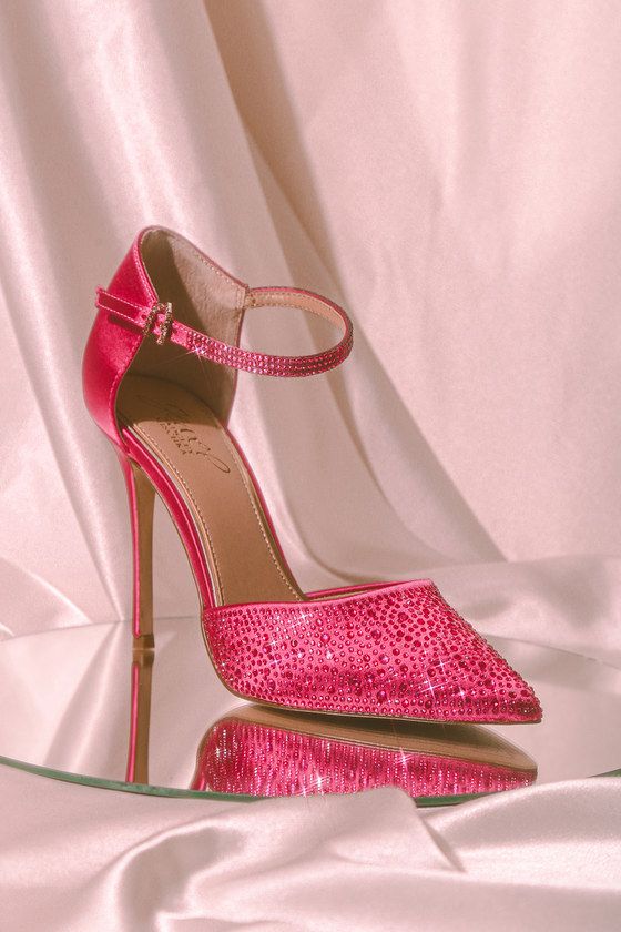 Jailene Pink Satin Rhinestone Pointed-Toe Ankle Strap Pumps | Lulus (US)