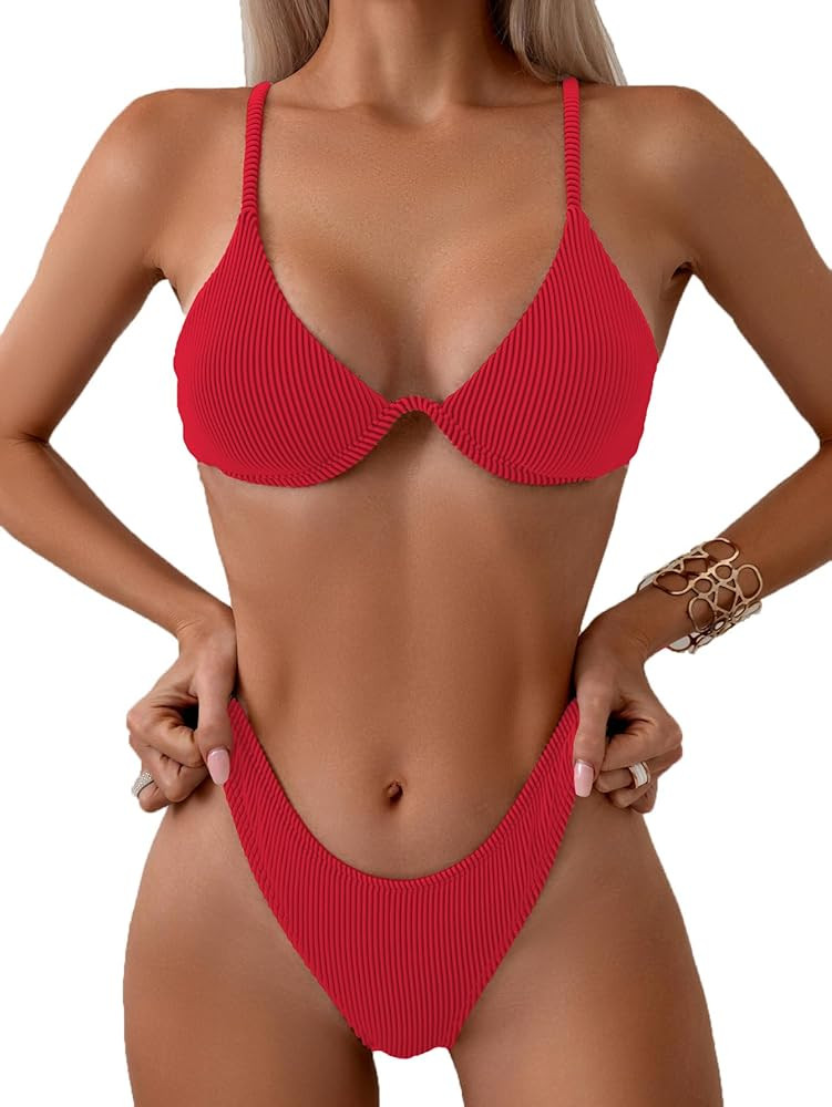 Women Underwire Triangle Bikini Spaghetti Strap Push Up Swimsuit Cheeky Two Piece Bathing Suit | Amazon (US)