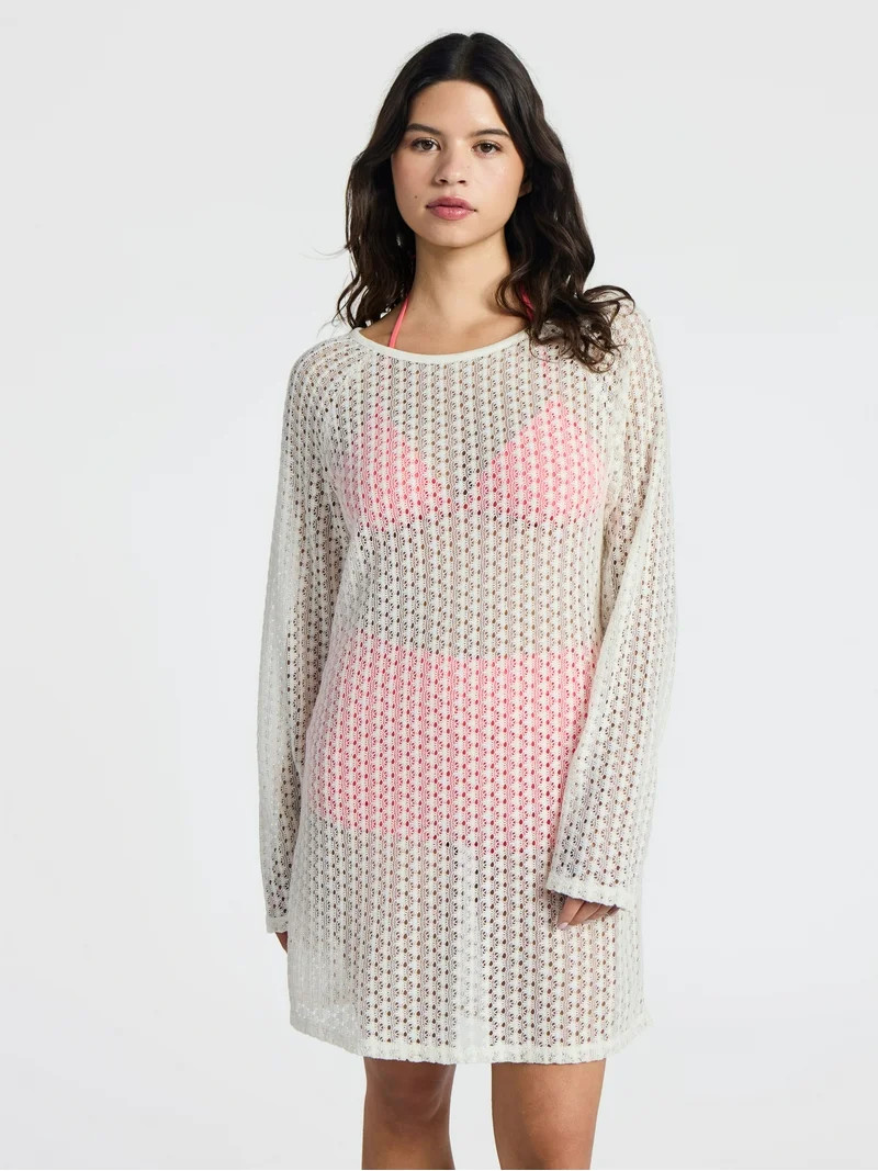 No Boundaries Crochet Raglan Dress Swim Coverup with Long Sleeves, Women's | Walmart (US)