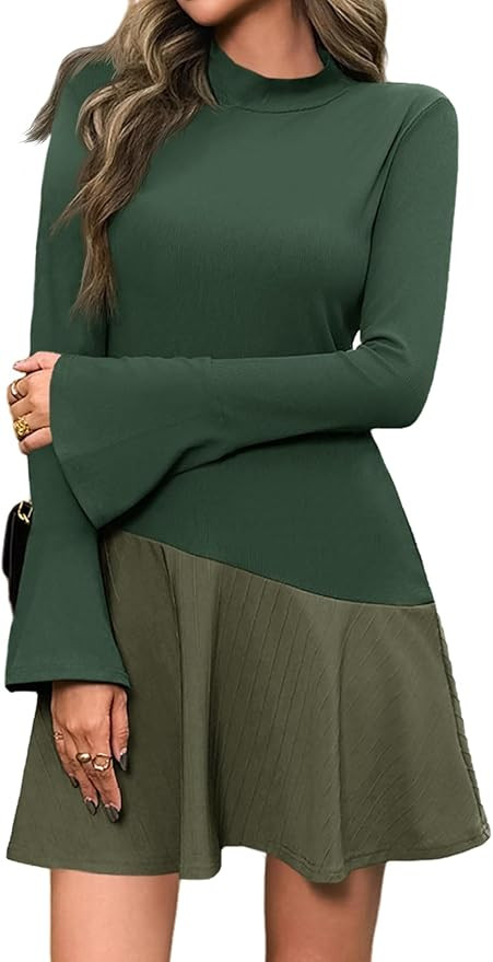 Wenrine Womens Long Bell Sleeve Mini Dress Casual Mock Neck Ruffle Hem Slim Fit Fall Knit Dresses | Amazon (US)