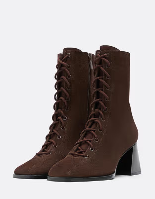 Stradivarius Lace-up leather high-heel ankle boots in brown | ASOS (Global)