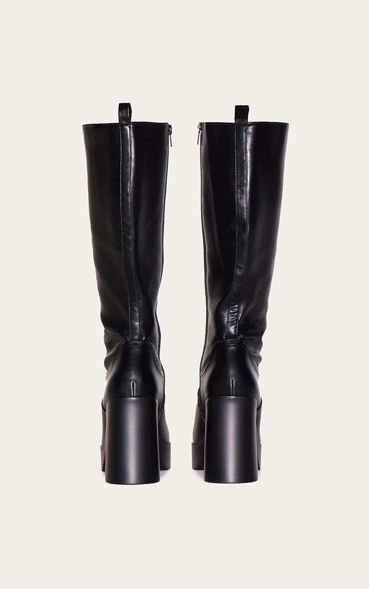 Wide Fit Black Pu Square Toe Block Heeled Slight Platform Knee High Boot | PrettyLittleThing UK