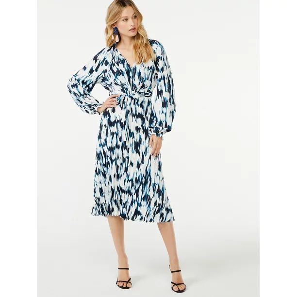 Scoop Women's Long Sleeve Split Neck Pleated Midi Dress | Walmart (US)