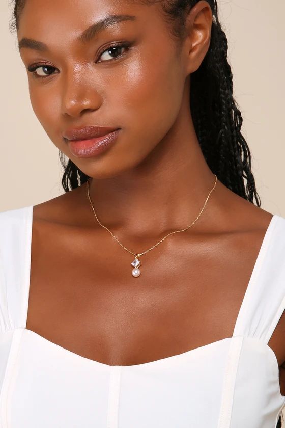 Cherished Glitter Gold Rhinestone Pearl Pendant Necklace | Lulus