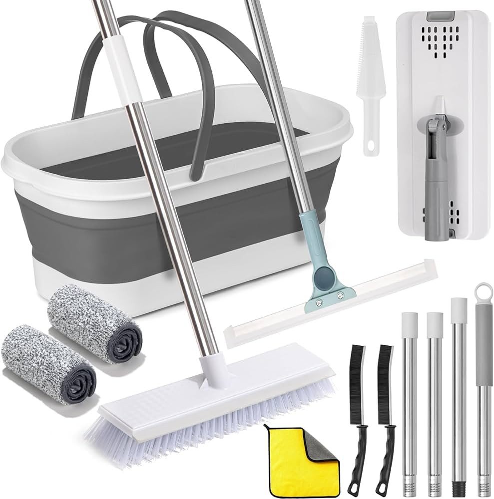 Juego de trapeador plano y cubo con escobilla de suelo, cepillo de limpieza resistente, 2 almohad... | Amazon (US)