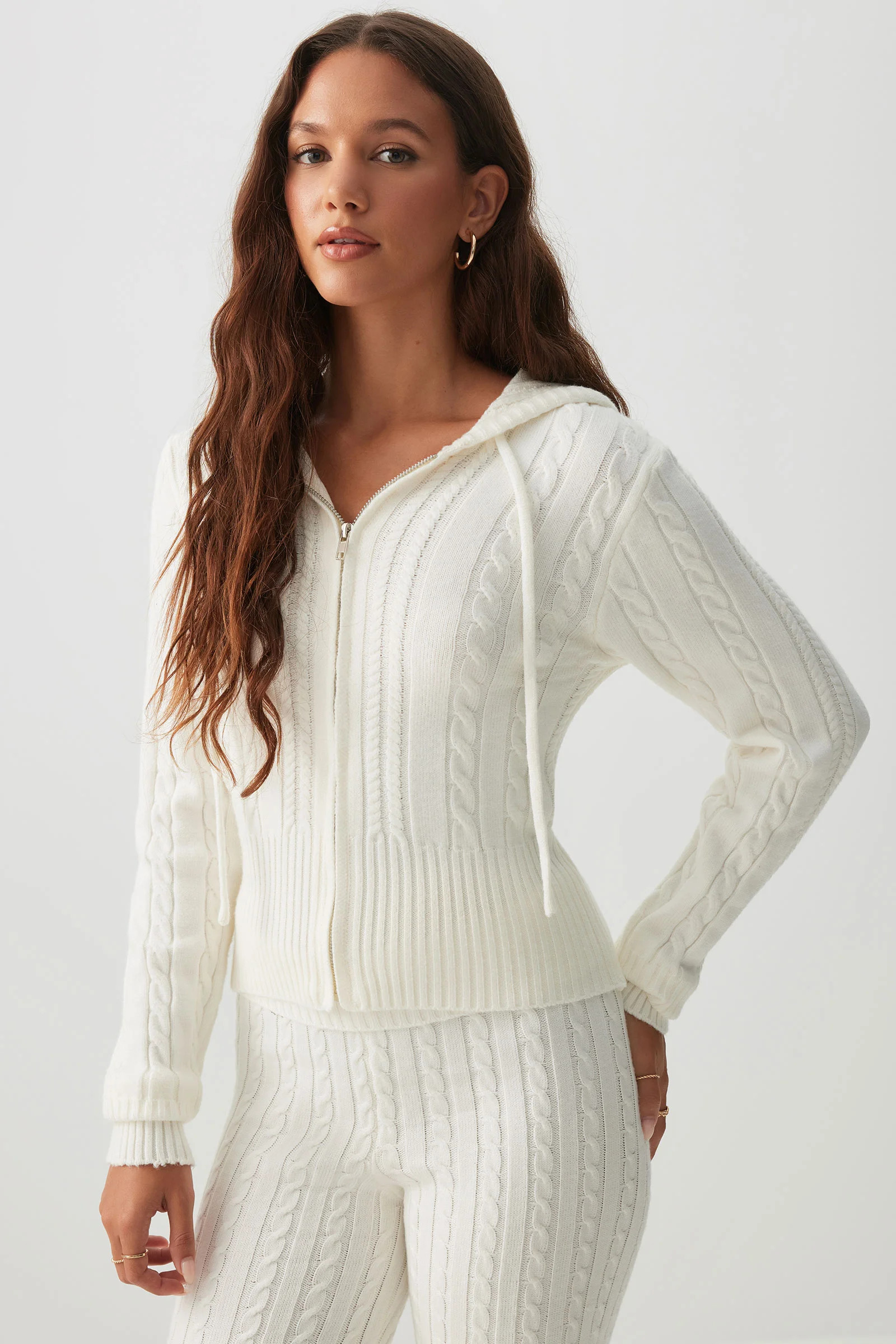 Cable Knit Zip Up Hooded Sweater | Ardene
