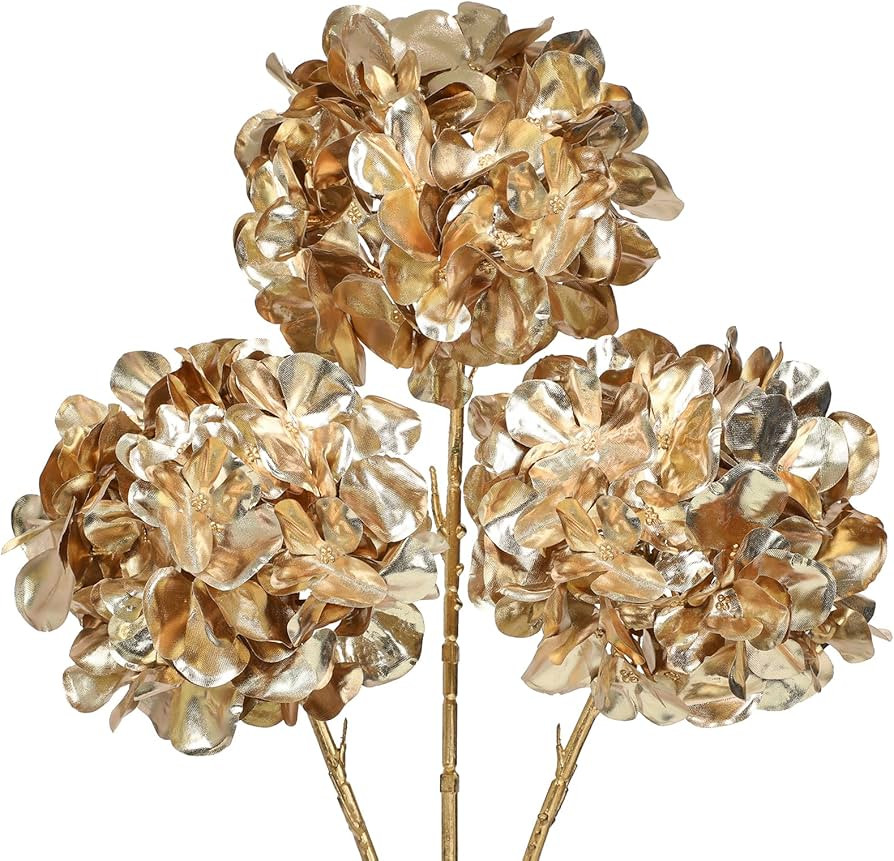 Hollyone 3Pcs Artificial Hydrangea Flowers 26inch Christmas Ornaments Flowers Champagne Gold Fake... | Amazon (US)