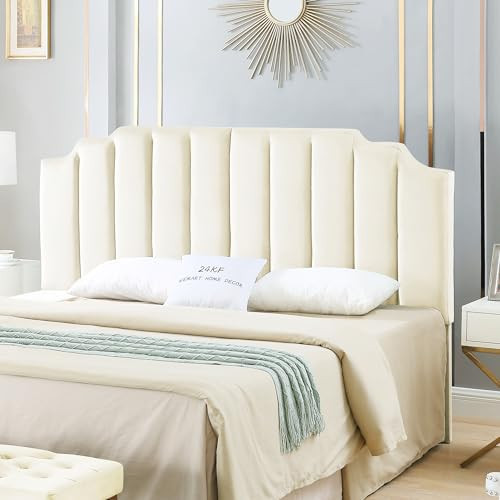 24KF Cream Velvet Tufted King Upholstered Headboard, Modern Vertical Channel Design California King Headboard with Stepped Silhouette Top Edge,Cream | Amazon (US)