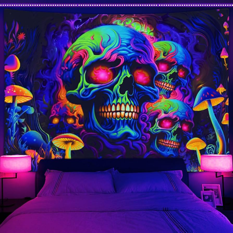 Skull Blacklight Tapestry, UV Reactive Skeleton Tapestry Trippy for Bedroom, Black Light Posters ... | Amazon (US)