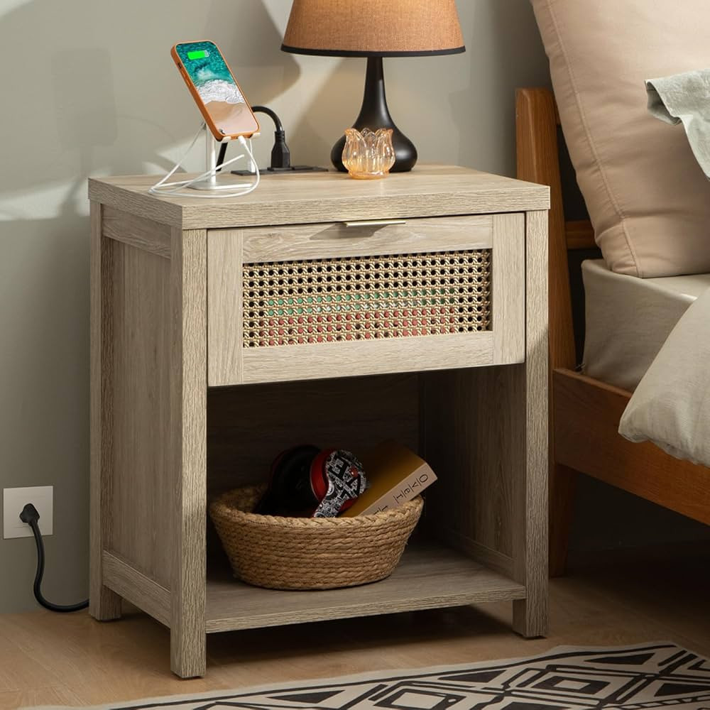 Bacyion Night Stand with Charging Station - Farmhouse Wood Nightstand with Drawer and Storage She... | Amazon (US)