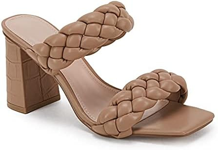 Womens Braided Heeled Sandals Backless Square Open Toe Block Strappy Slip On Slide Shoes | Amazon (US)
