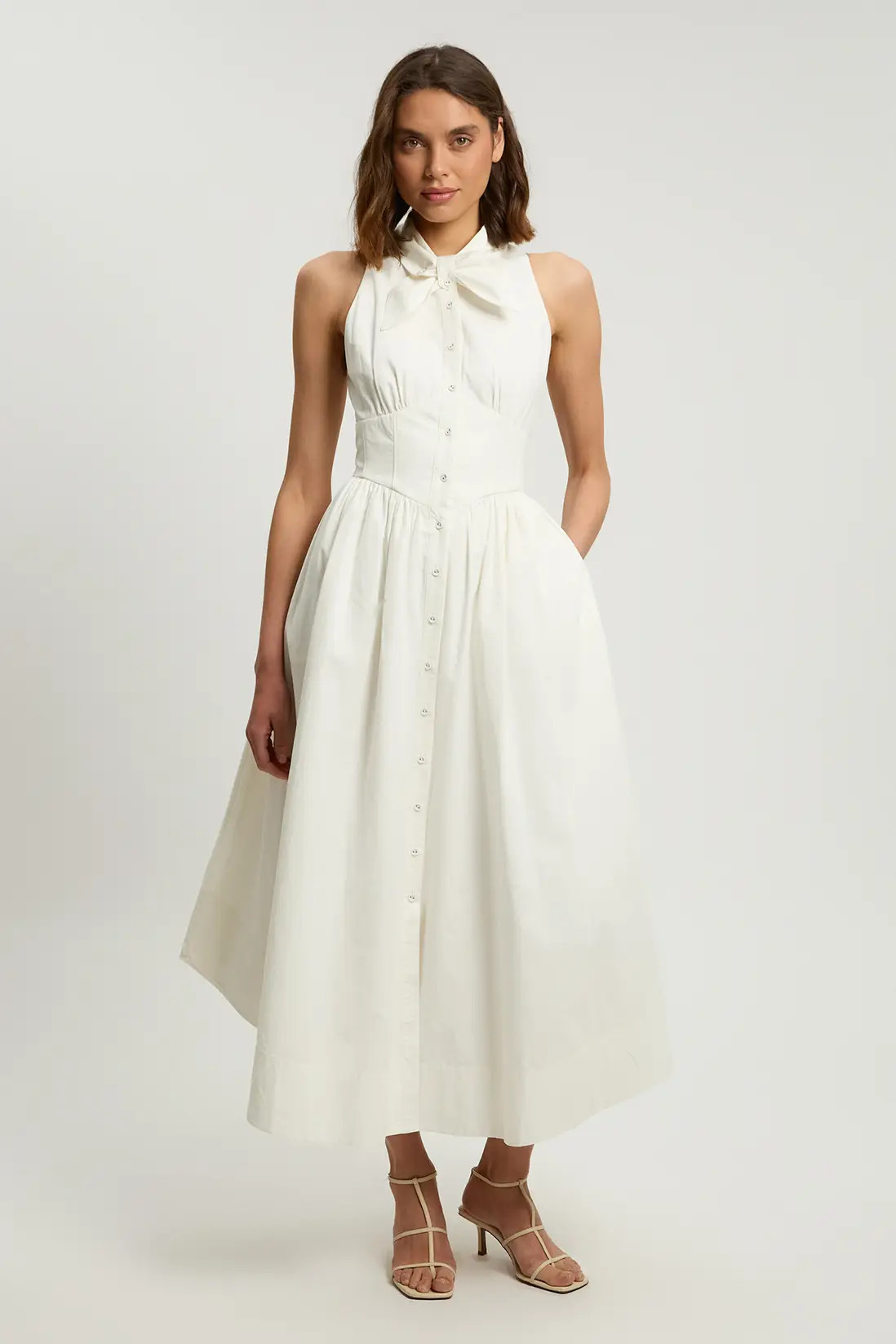 Petite Cotton Poplin Tie Neck Midi Dress | Karen Millen