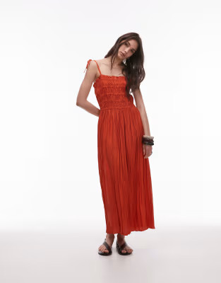 Topshop crinkle ruched bust midi dress in deep orange | ASOS | ASOS (Global)
