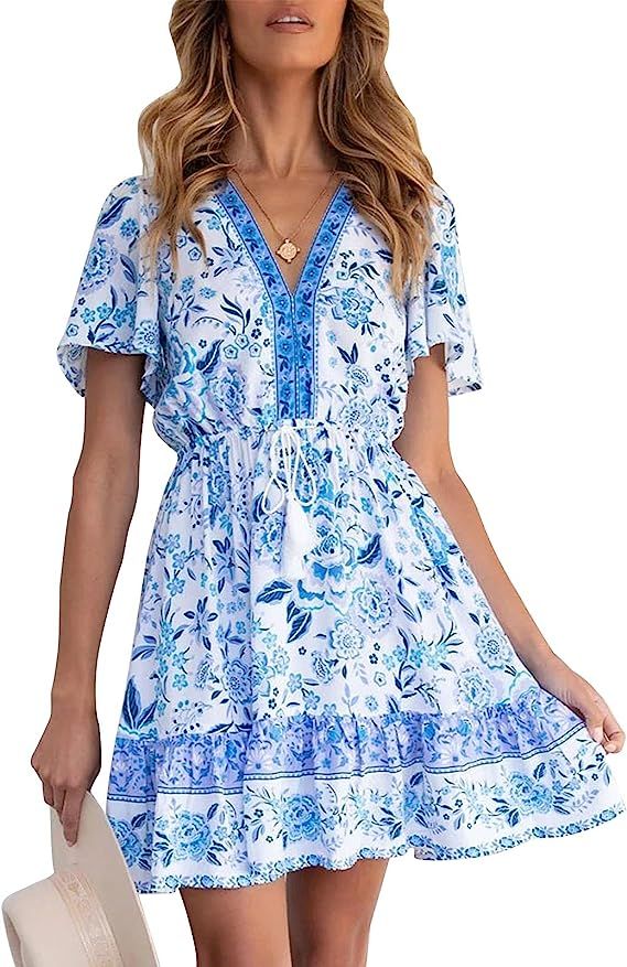 LEANI Women’s Summer V Neck Bohemian Floral Print Mini Dress Short Sleeve Ruffle Beach Short Dr... | Amazon (US)