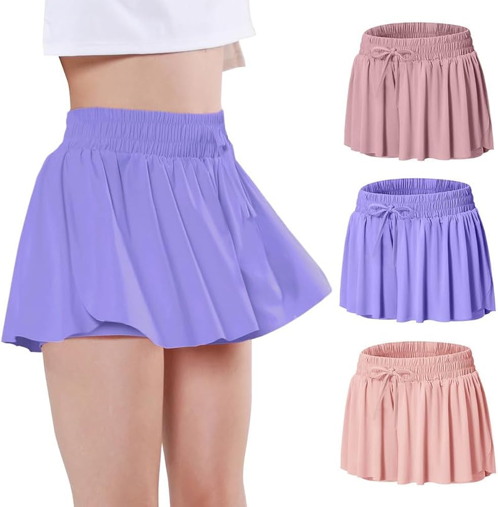 EXARUS Girls Flowy Butterfly Shorts Athletic 2 in 1 Running Skirt Shorts Cheer Tennis Dance Preppy K | Amazon (US)