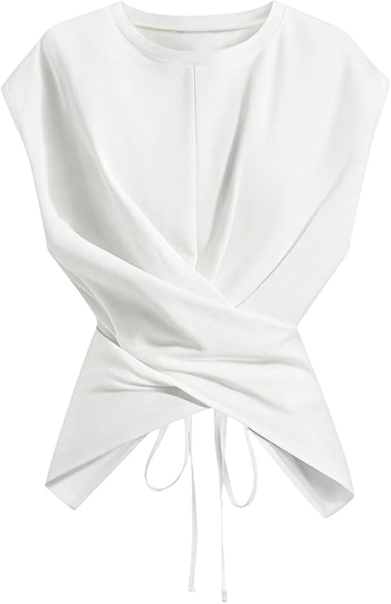 Verdusa Women's Cinched Waist Wrap Top Cap Sleeve Tie Back Going Out Workout Business Casual Tops | Amazon (US)