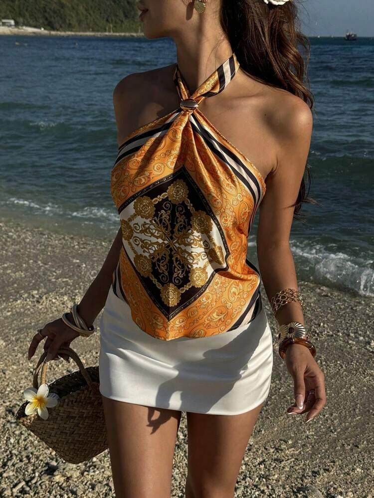 Airaco Women's New French Style Printed Halter Neck Camisole, Unique Design, Elegant Vintage Sati... | SHEIN