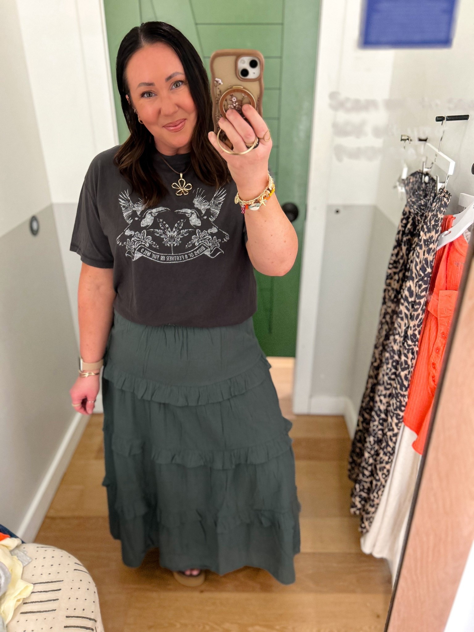 This tiered maxi skirt though! So good!  Love this green color. Wearing a large. Large graphic tee. Sandals run true to size. Extra 35% off at Aerie with code: MORELOVE

#LTKSaleAlert #LTKOver40 #LTKxAerie