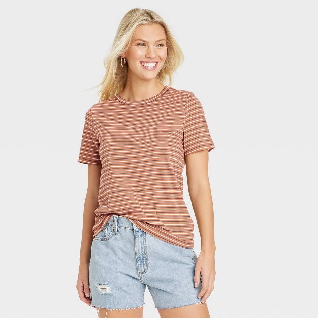 Women's Short Sleeve T-Shirt - Universal Thread™ Brown Striped | Target