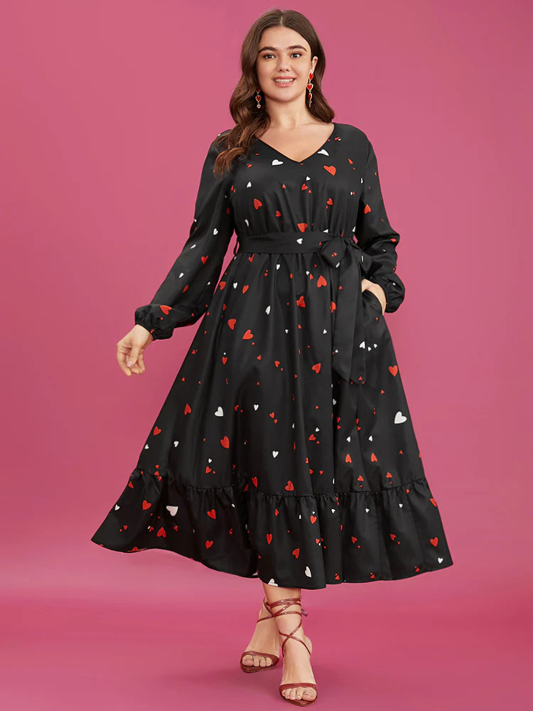 Heart Print Lantern Sleeve Pocket Belted Flutter Hem Dress | Bloomchic