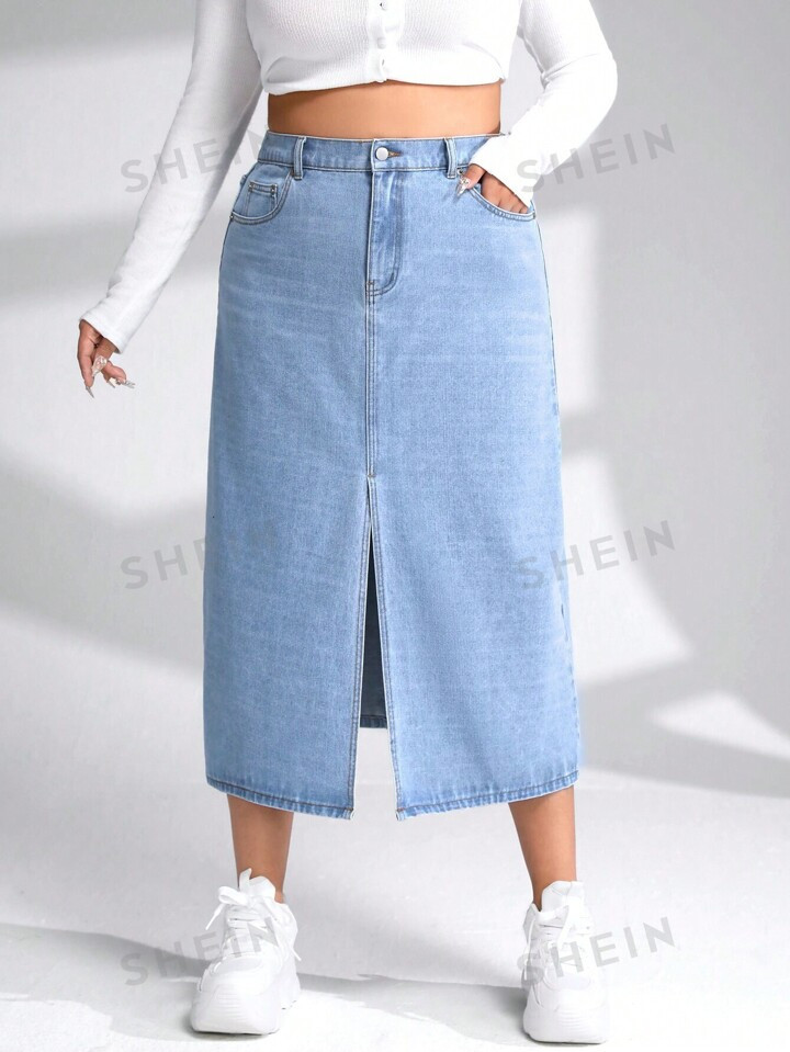 SHEIN EZwear Plus High Waist Split Thigh Denim Skirt | SHEIN