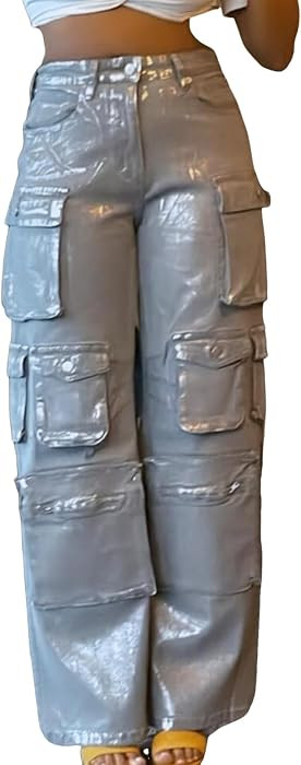 Unybwonn Women High Waisted Metallic Cargo Jeans Y2k Satin Sparkly Straight Wide Leg Denim Pants ... | Amazon (US)