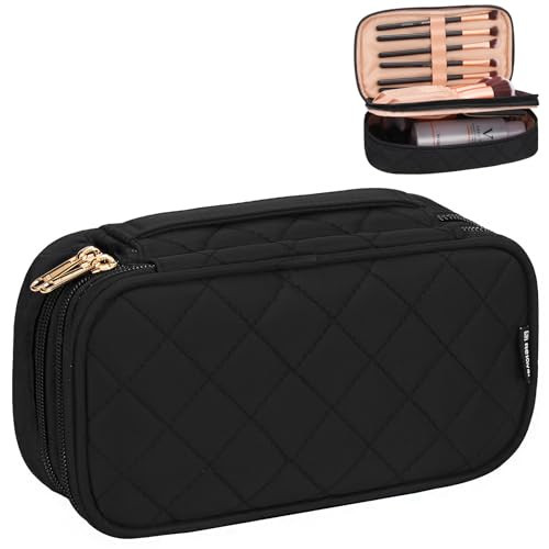 Relavel Small Makeup Bag, Travel Makeup Bag, Cosmetic Bag for Women, 2 Layer Travel Makeup Organizer, Black Make Up Pouch Waterproof, Makeup Brush Holder, Durable Zipper (Black) | Amazon (US)