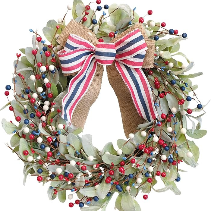 TEMPUS 20" Patriotic Wreath for Front Door - 4th of July Independence Day Decor with Red White Bl... | Amazon (US)