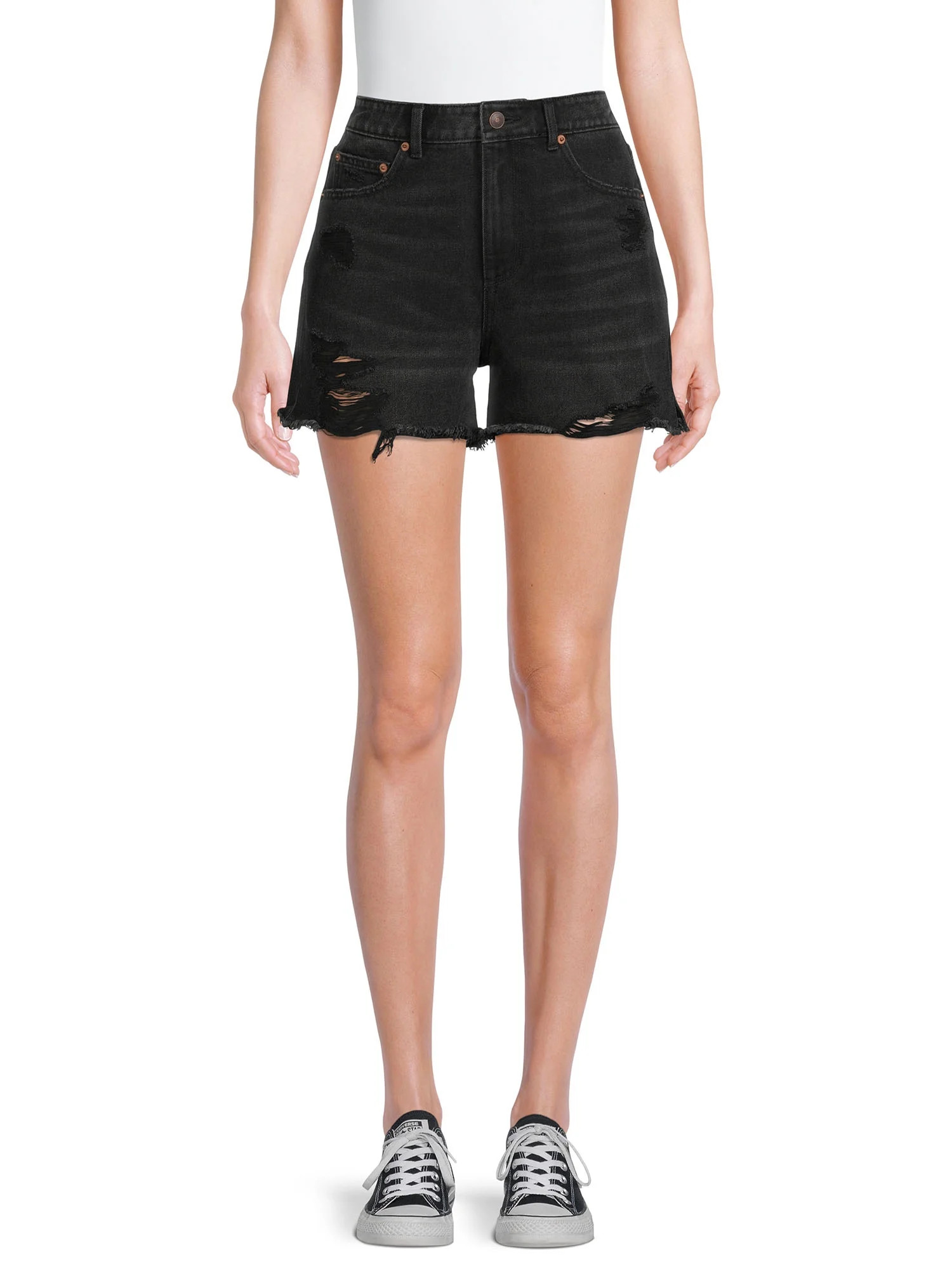 No Boundaries Juniors’ High Rise Destructed Midi Shorts | Walmart (US)