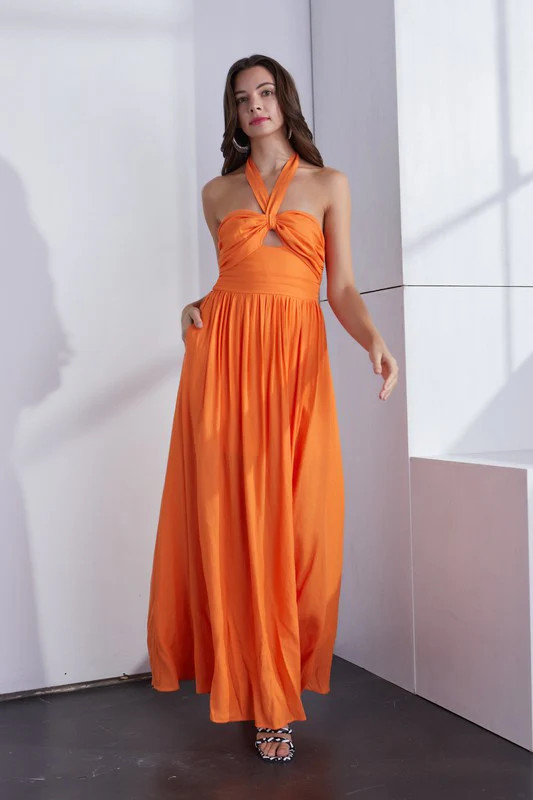 Halter Tie Back Cut Out Dress - Sunkist | TandyWear