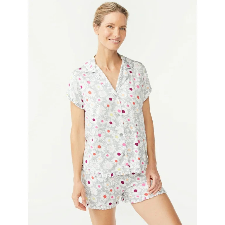 Joyspun Women's Notch Collar Shorty Pajama Set with Ruffles, Sizes S to 3X | Walmart (US)