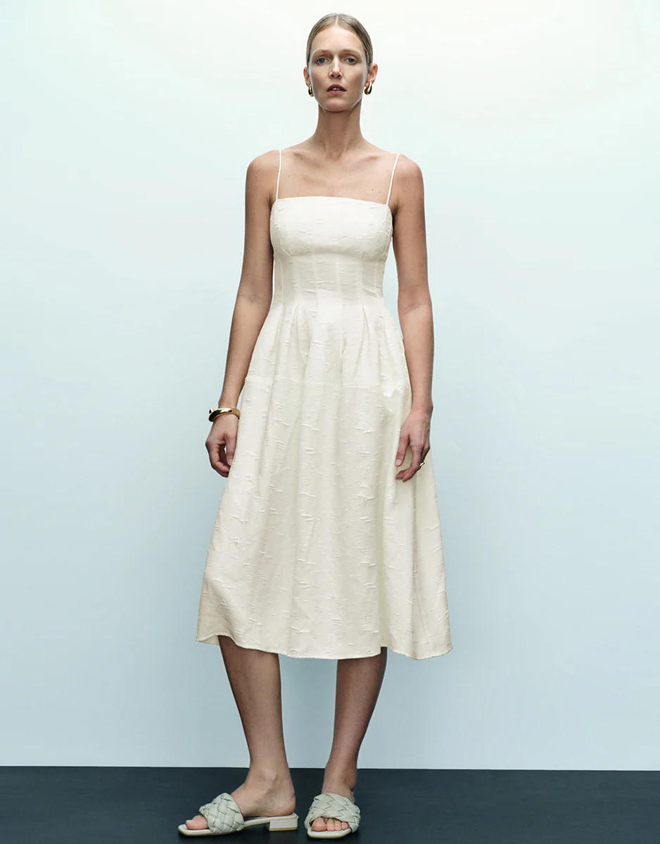 Textured Off-Shoulder A-Line Cami Dress | Urban Revivo