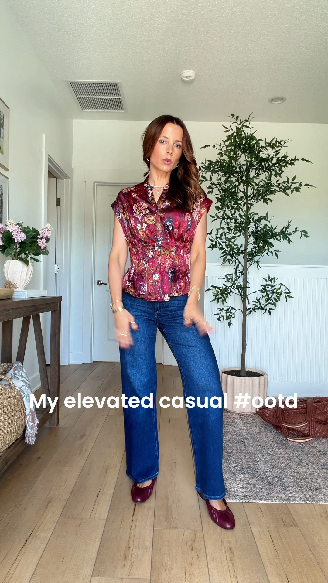 My elevated casual outfit of the day! Mom outfit. Fall style. Everyday outfit. Hair day is the best day. Fall outfit. Satin floral blouse in XXS petite. Paige Anessa wide leg jeans in 23 petite. Burgundy flats are TTS. Fall shoes. Business casual outfit.

#LTKgrwm #LTKootd #LTKPetite #LTKgrwm #LTKootd #LTKPetite