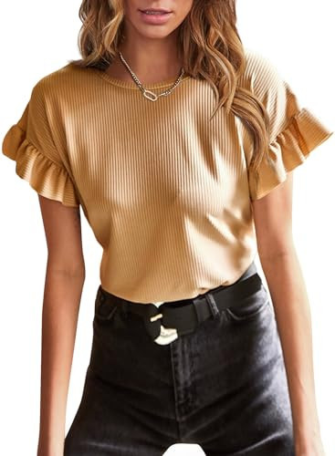 EVALESS Womens Casual Summer Ruffle Short Sleeve Cute Knit Tops Blouses 2025 Fashion Trendy Dressy Spring Round Neck Plain Loose Fit Basic Tee Shirts Beige Small | Amazon (US)