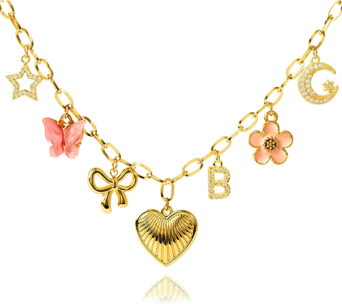 Initial Charm Necklace for Women, Heart Letter Necklace Gold Charms Pendant Bow Pink Butterfly Fl... | Amazon (US)