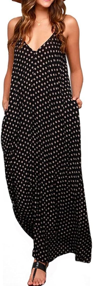 LILBETTER Women V-Neck Spaghetti Strap Boho Long Maxi Dresses | Amazon (US)