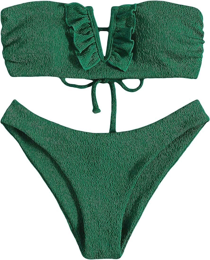MakeMeChic Women's 2 Piece Bandeau Swimsuit Ruffle Trim Lace Up Bikini Set Strapless Bathing Suit... | Amazon (US)