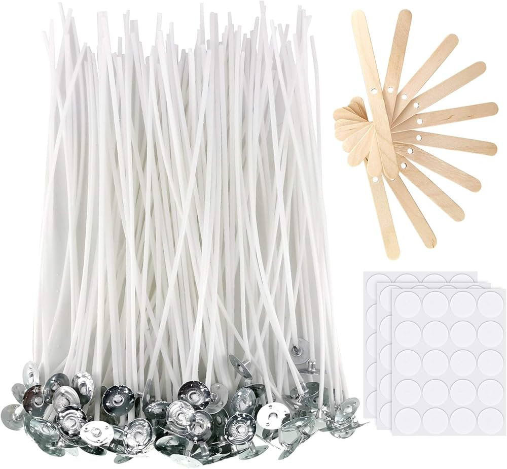 Candle Wicks 100 Pcs 6 inch with 30Pcs Candle Wick Stickers and 10 Pcs Wooden Candle Wick Centeri... | Amazon (US)