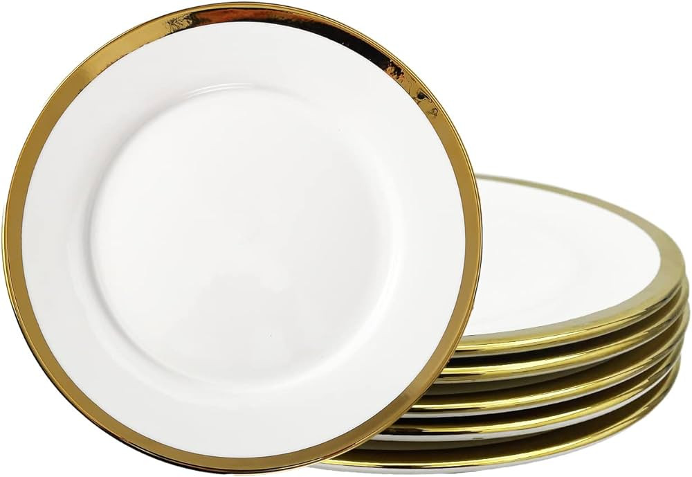 Dinner Plates, Set of 6, 8 inch, White Plates with Gold Trim Porcelain, Small Plate, Gold Ceramic... | Amazon (US)