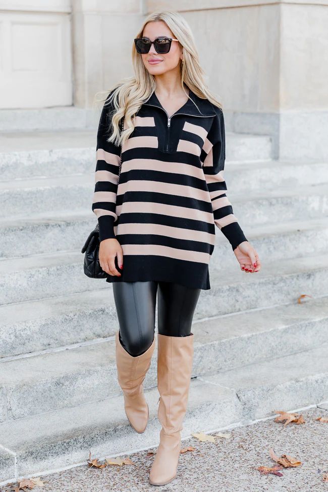 Pulling Heartstrings Black And Tan Striped Quarter Zip Pullover | Pink Lily