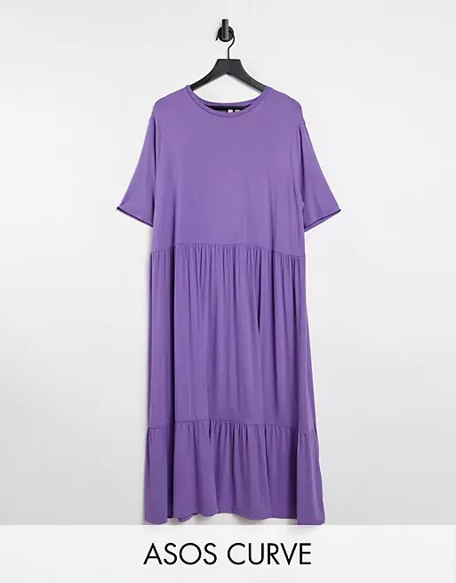 ASOS DESIGN Curve tiered smock t-shirt midi dress in purple ash | ASOS (Global)