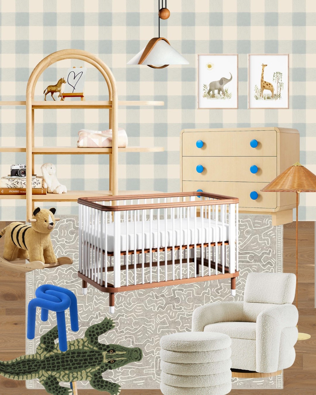 A neutral jungle, but make it bold. My client wanted a nursery that felt warm and neutral but still had personality—so we brought in playful textures, sculptural furniture, and a mix of organic and geometric elements. The soft gingham wallpaper keeps things light and airy, while the statement pieces (that blue stool! the alligator rug!) bring in just the right amount of fun. It’s a cozy, inviting space with a little jungle spirit, but no over-the-top themes. What do you think? #nurserydesign #neutralnursery #playfulspaces #interiordesign

#LTKKids #LTKBump #LTKBaby