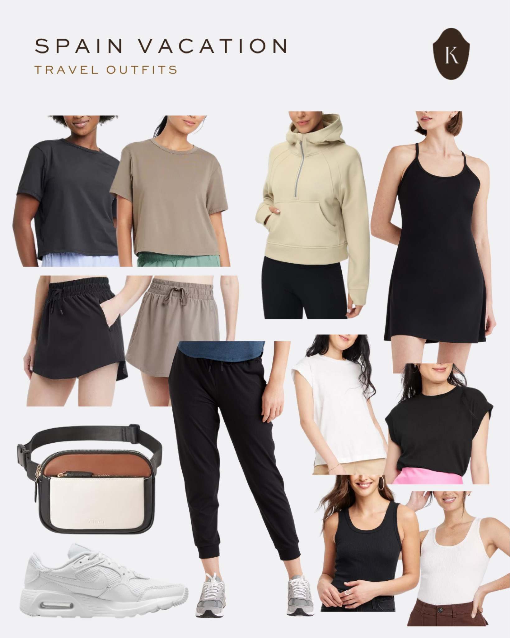 I primarily packed activewear for my Spain vacation travel outfits. I wore these black joggers, this Lululemon hoodie dupe and my white Nike AirMax sneakers on the plane. And this skort set from Target was great for the warmer travel days, and have since become a favorite outfit for project install days. Loved the set so much I purchased it in both black and taupe. 🤎

#LTKTravel #LTKActive