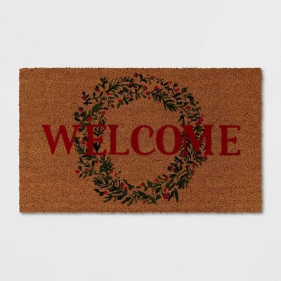 1'6"x2'6" 'Welcome' Wreath Flocked Coir Christmas Doormat Red/Green - Wondershop™ | Target