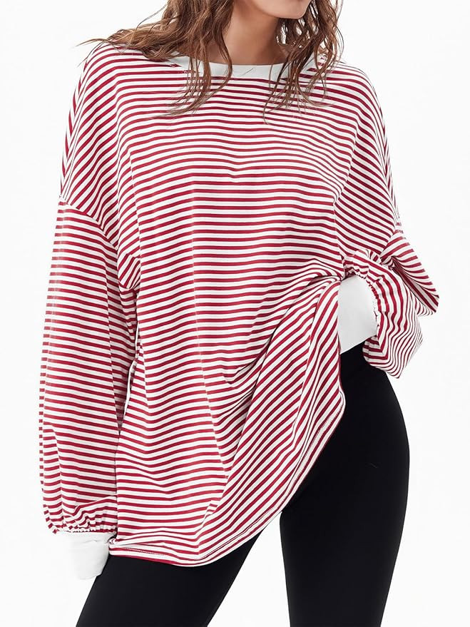 Tankaneo Womens Oversized Long Sleeve T Shirts Striped Color Block Cotton Tunic Tops Loose Fit Fa... | Amazon (US)