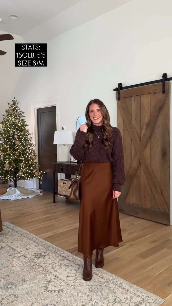 Holiday outfit! my fav brown sweater. TTS - M. Brown Satin midi skirt - stretchy waist. TTS - M. Fav tall brown boots sized up 1/2 for socks. Bra TTS - M & fave comfy shaper shorts TTS - M. Fav heatless curler.  

 #LTKHoliday #LTKgrwm #LTKootd