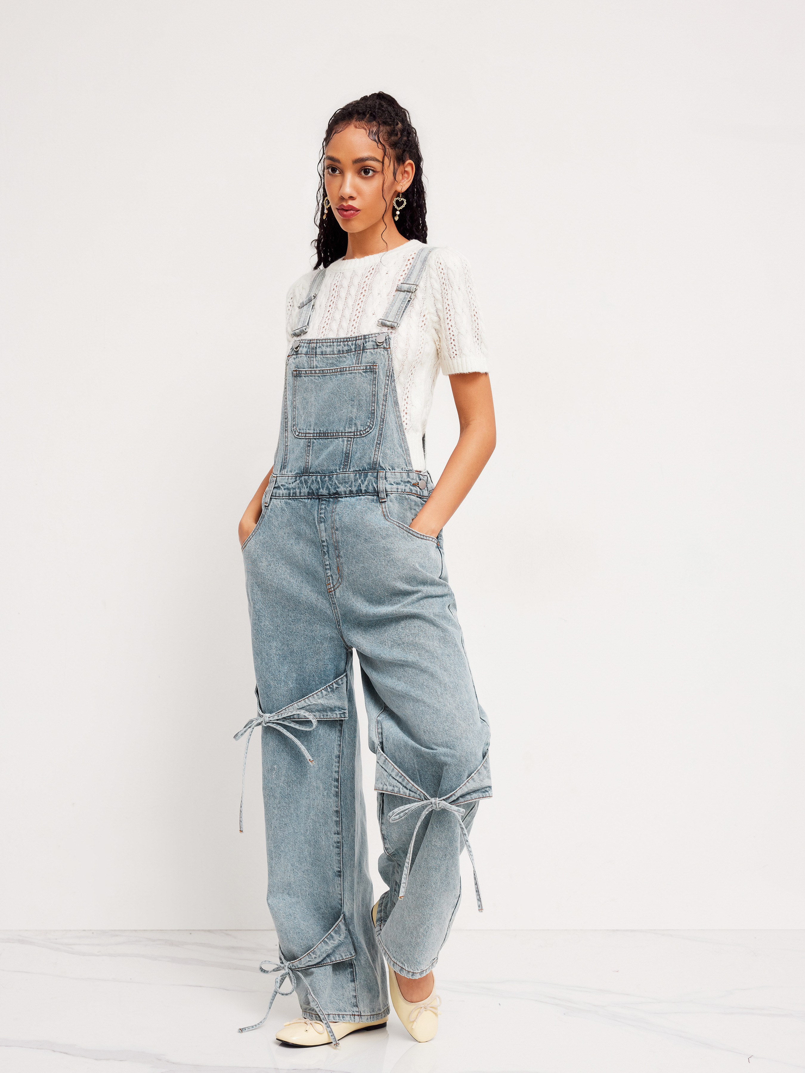Denim Denim Bowknot Buckle Up Pocket Wide Leg Jumpsuit For School Holiday | Cider