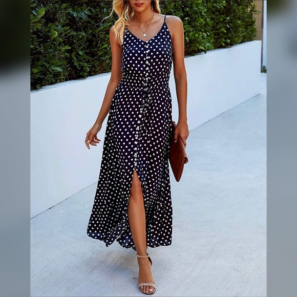 Navy Blue Polka Dot Maxi Dress w/ Buttons | Poshmark