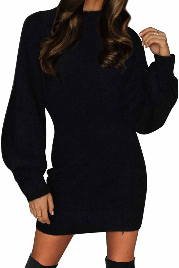 EXLURA Women's 2024 Mock Neck Ribbed Long Sleeve Bodycon Pullover Cute Mini Sweater Dress | Amazon (US)